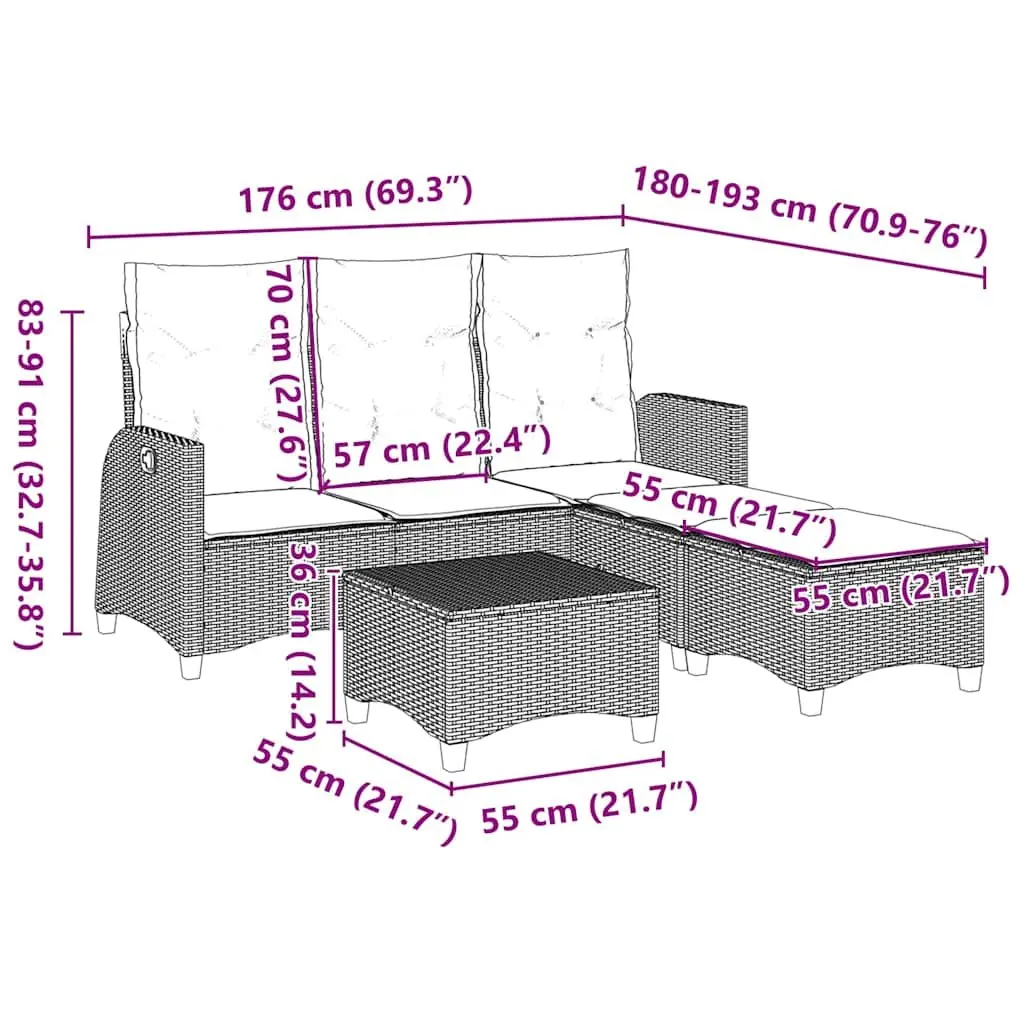 L-shaped Garden Sofa Set PE Rattan 3 Piece Outdoor Furniture Grey