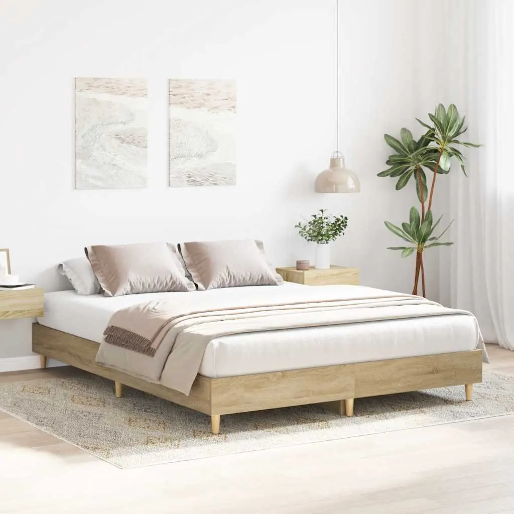 Bed Frame Engineered Wood 150x200 cm Brown Sonoma Oak Slatted Base