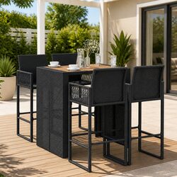 5 Piece Outdoor Garden Bar Set Black Poly Rattan with Bar Table Stools Patio