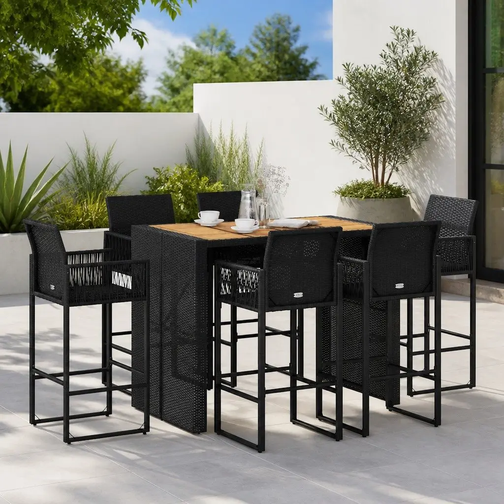 7 Piece Outdoor Garden Bar Set PE Rattan Steel Black Patio Furniture
