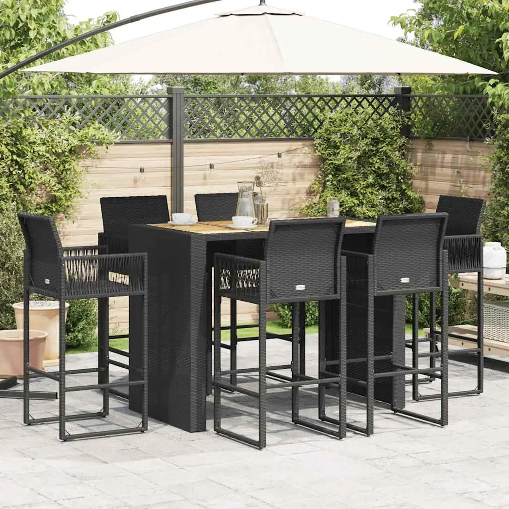 7 Piece Outdoor Garden Bar Set PE Rattan Steel Black Patio Furniture