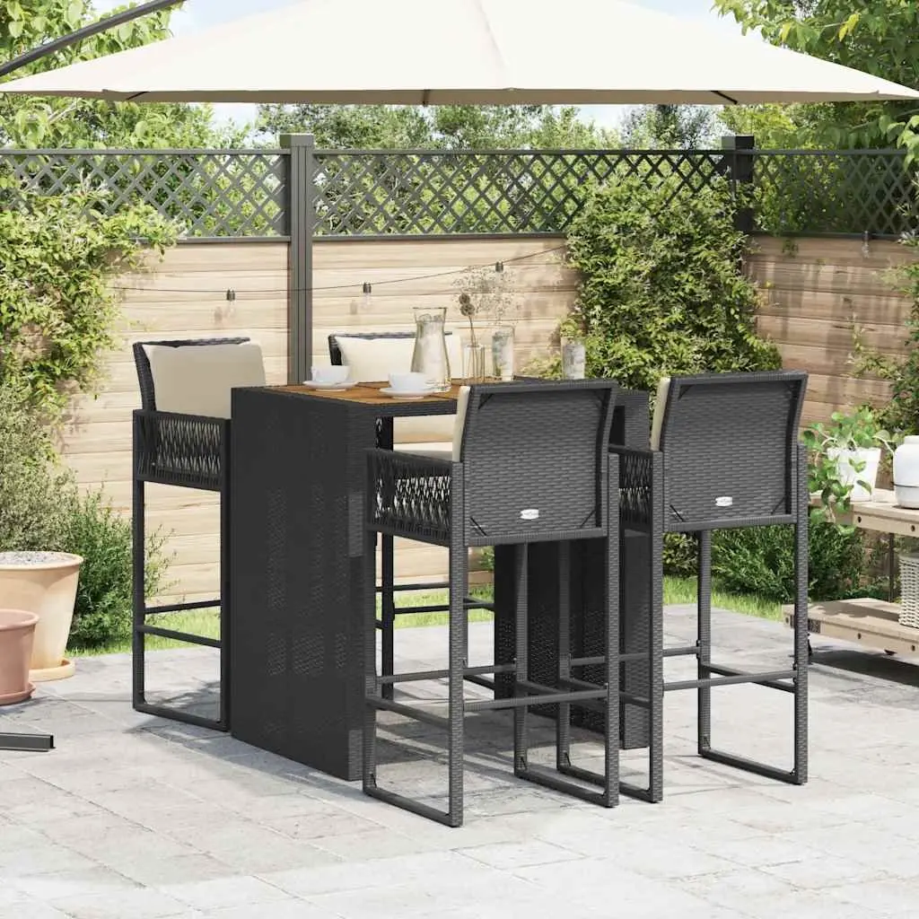 5 Piece Garden Bar Set Black Outdoor Furniture with Cushions Patio Stool Table