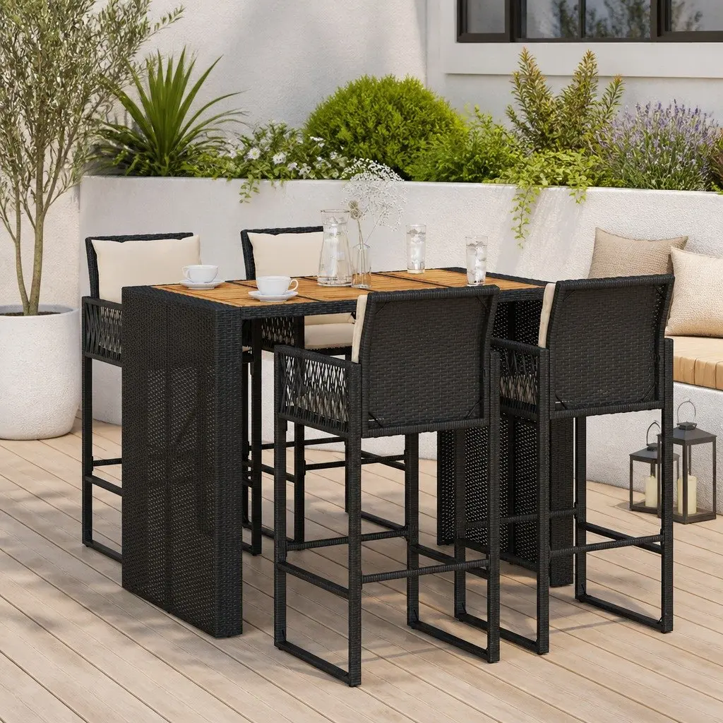 5 Piece Garden Bar Set PE Rattan Powder-Coated Steel Black Outdoor Patio Furniture