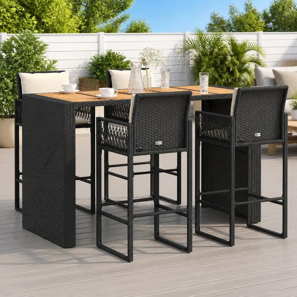 5 Piece Black Poly Rattan Garden Bar Set with Cushions