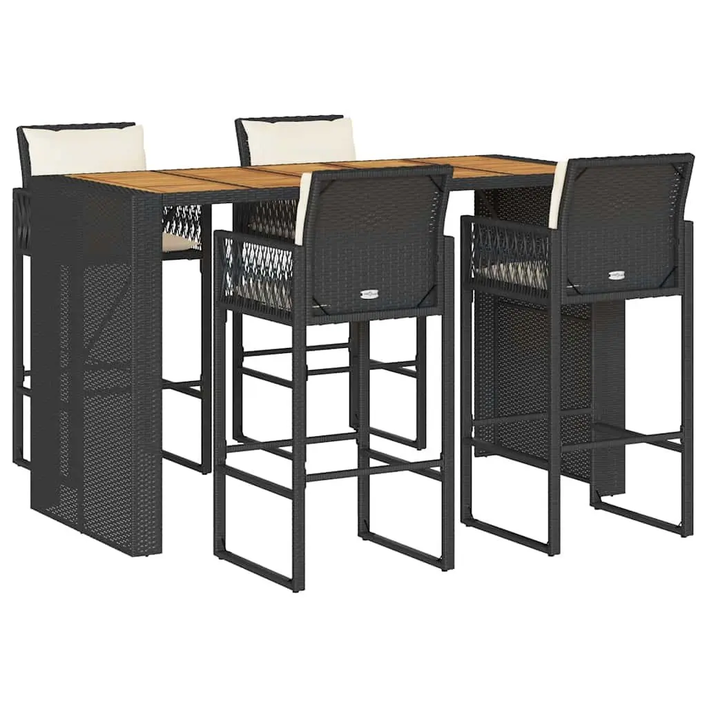 5 Piece Black Poly Rattan Garden Bar Set with Cushions