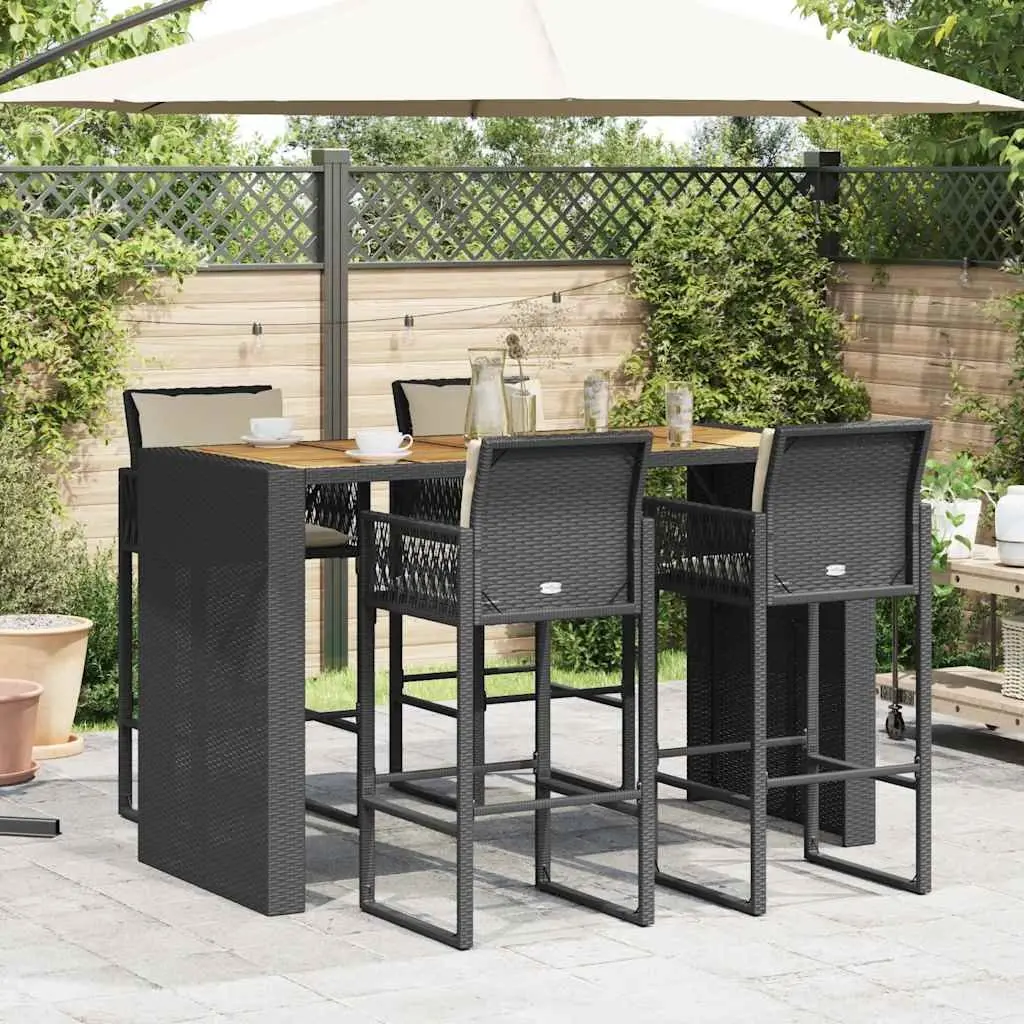 5 Piece Black Poly Rattan Garden Bar Set with Cushions