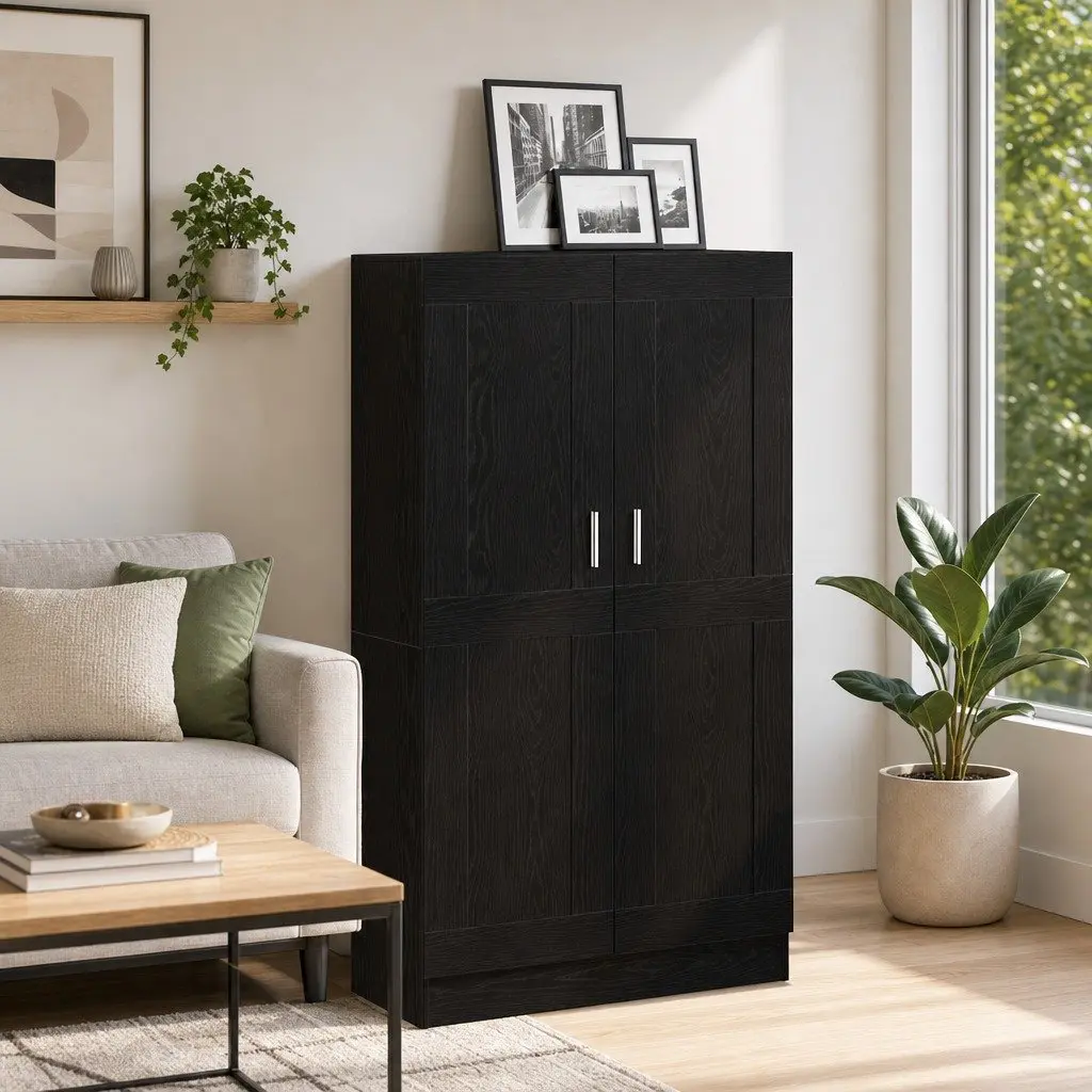 Black Oak Book Cabinet with Hinged Doors