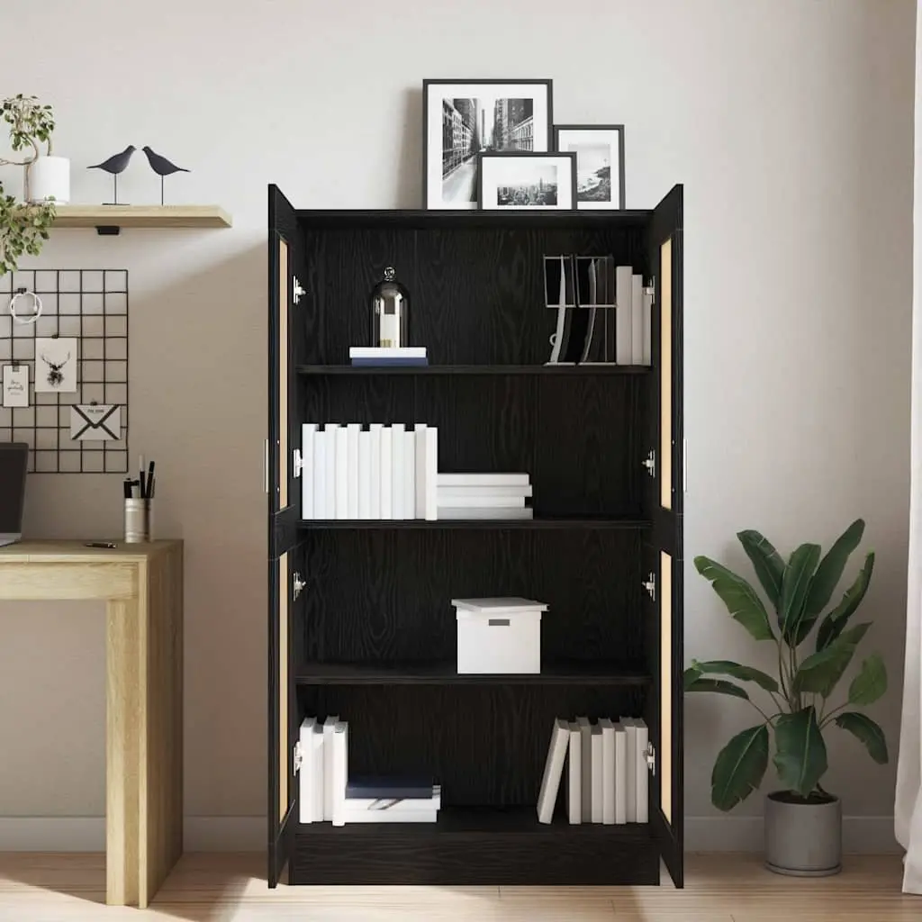 Black Oak Book Cabinet with Hinged Doors