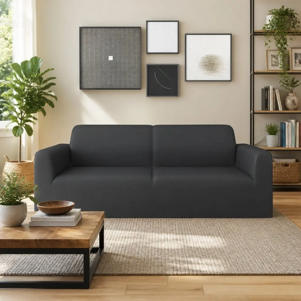 Anthracite Polyester Jersey Slipcover for 2-Seater Couch