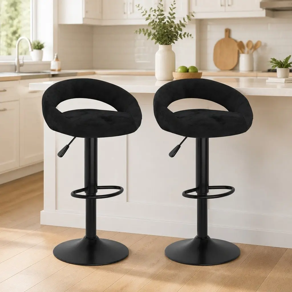 Adjustable Black Velvet Bar Stools 2 Pcs with Footrest