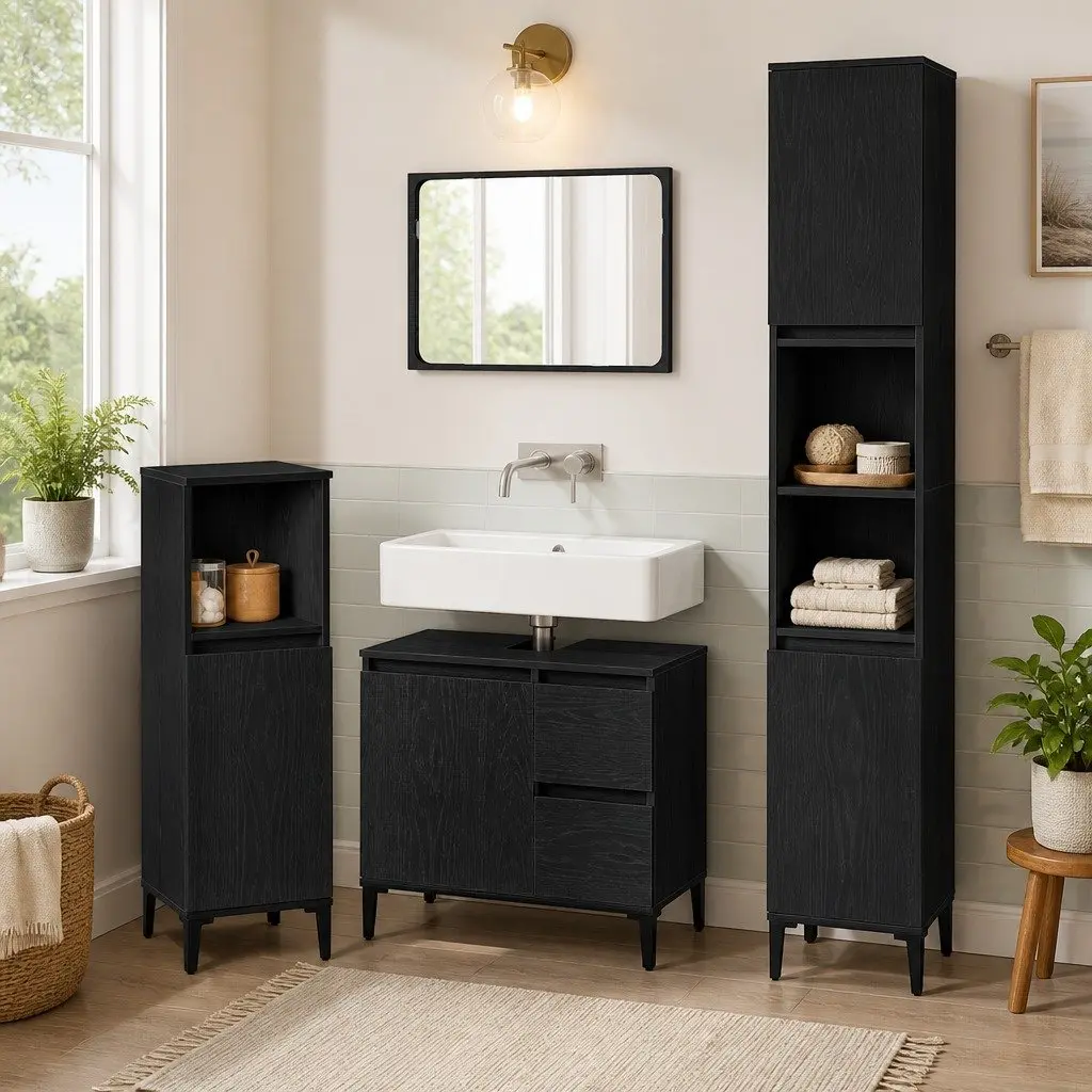 3-Piece Wall-Mounted Bathroom Furniture in Black Oak
