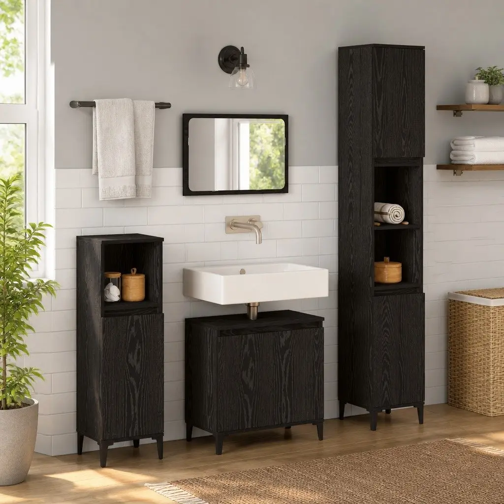 Wall-Mounted 3-Piece Black Oak Bathroom Furniture Set