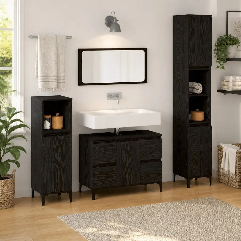 Bathroom Furniture Set Wall-mounted 3 pcs Black Engineered Wood Doors Storage