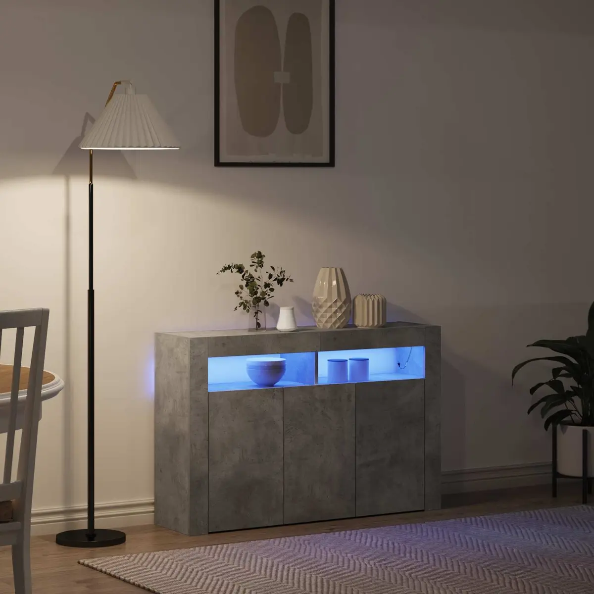 Modern Sideboard Grey Engineered Wood Storage Cabinet with RGB LED Lighting