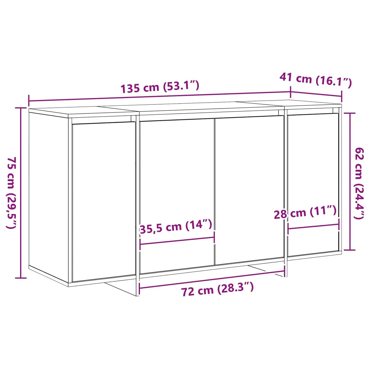 135cm Brown Engineered Wood Sideboard Storage Cabinet