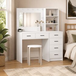 White Dressing Table Bedroom Vanity Unit Modern Storage Desk with LED Lights