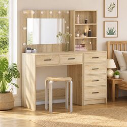 Modern Dressing Table Brown Bedroom Vanity Storage Mirror Lights Drawers Shelves