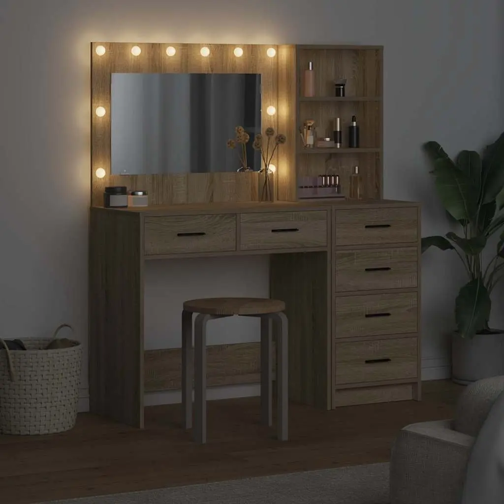 Brown Bedroom Vanity with LED Lights and Storage