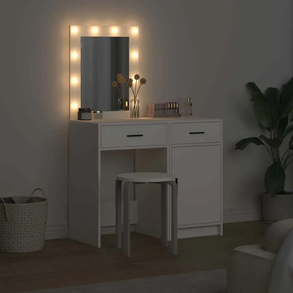 Dressing Table with LED Strip Lights 2 pcs White Modern Bedroom Vanity Storage