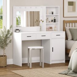 Dressing Table with Mirror LED Lights 2 pcs White Bedroom Vanity Storage Drawers