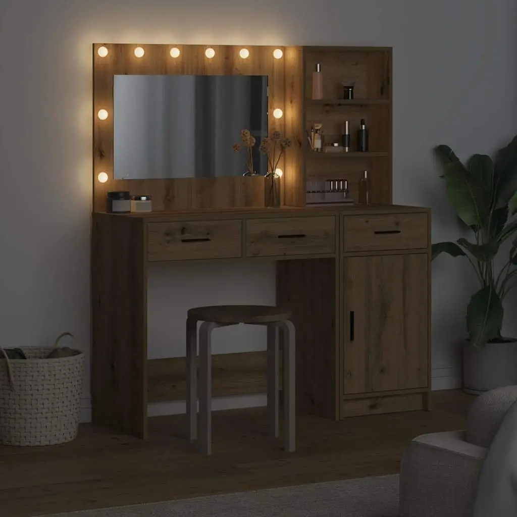 Brown Dressing Table with LED Mirror and Storage