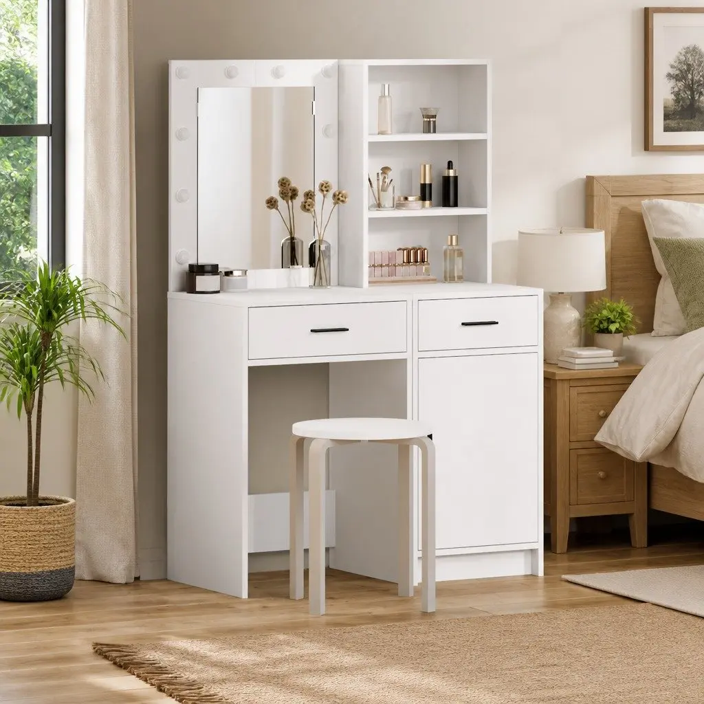 White Dressing Table Set with LED Mirror and Storage