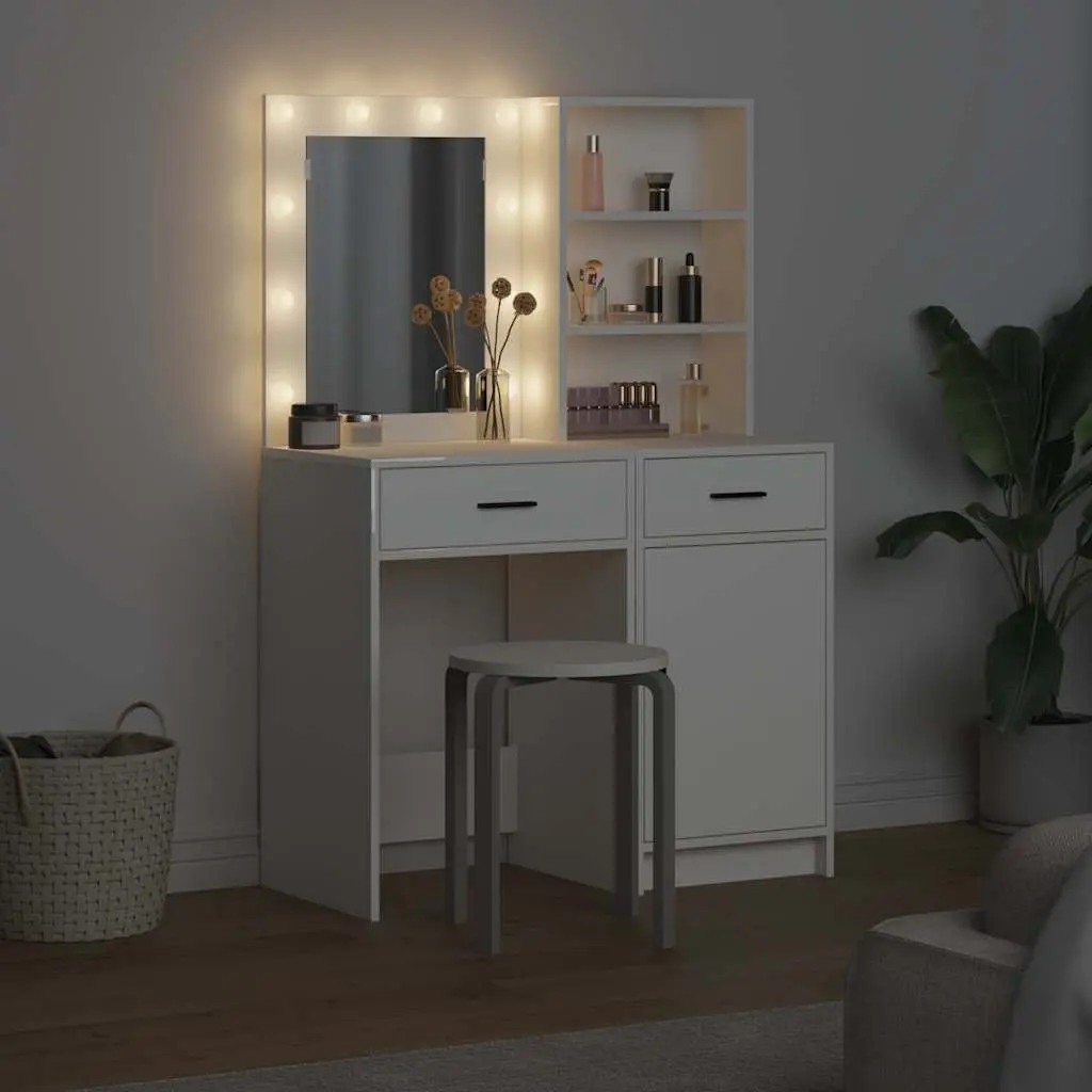 White Dressing Table Set with LED Mirror and Storage