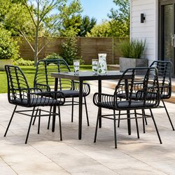 5 Piece Black Poly Rattan Garden Dining Set with Glass Table