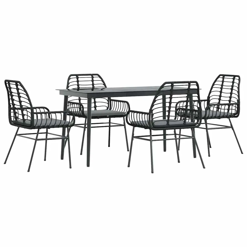 5 Piece Garden Dining Set PE Rattan Powder Coated Steel Tempered Glass Black