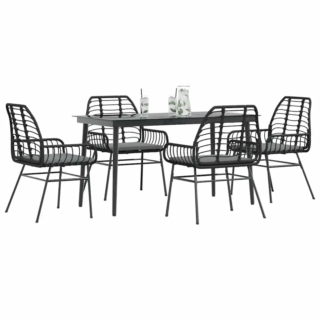 5 Piece Garden Dining Set PE Rattan Powder Coated Steel Tempered Glass Black