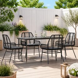 5-Piece Black Poly Rattan Garden Dining Set with Glass Table