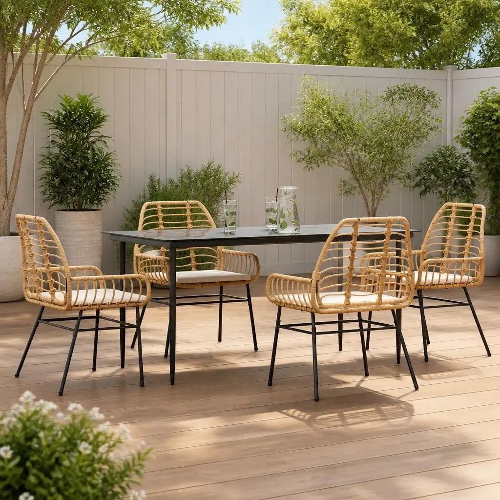 Brown Poly Rattan 5 Piece Garden Dining Set with Glass