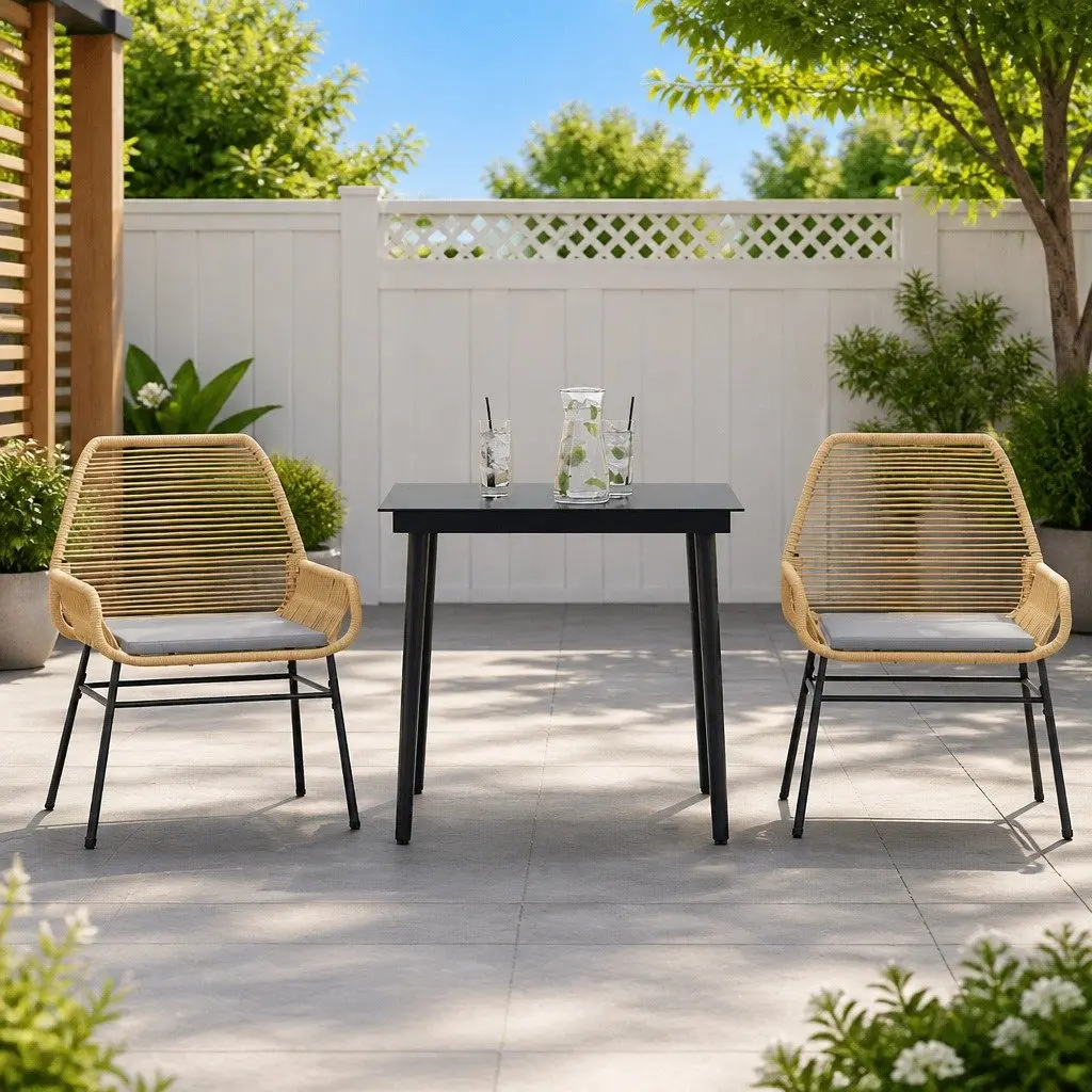 3 Piece Garden Dining Set PE Rattan Steel Frame Tempered Glass Brown