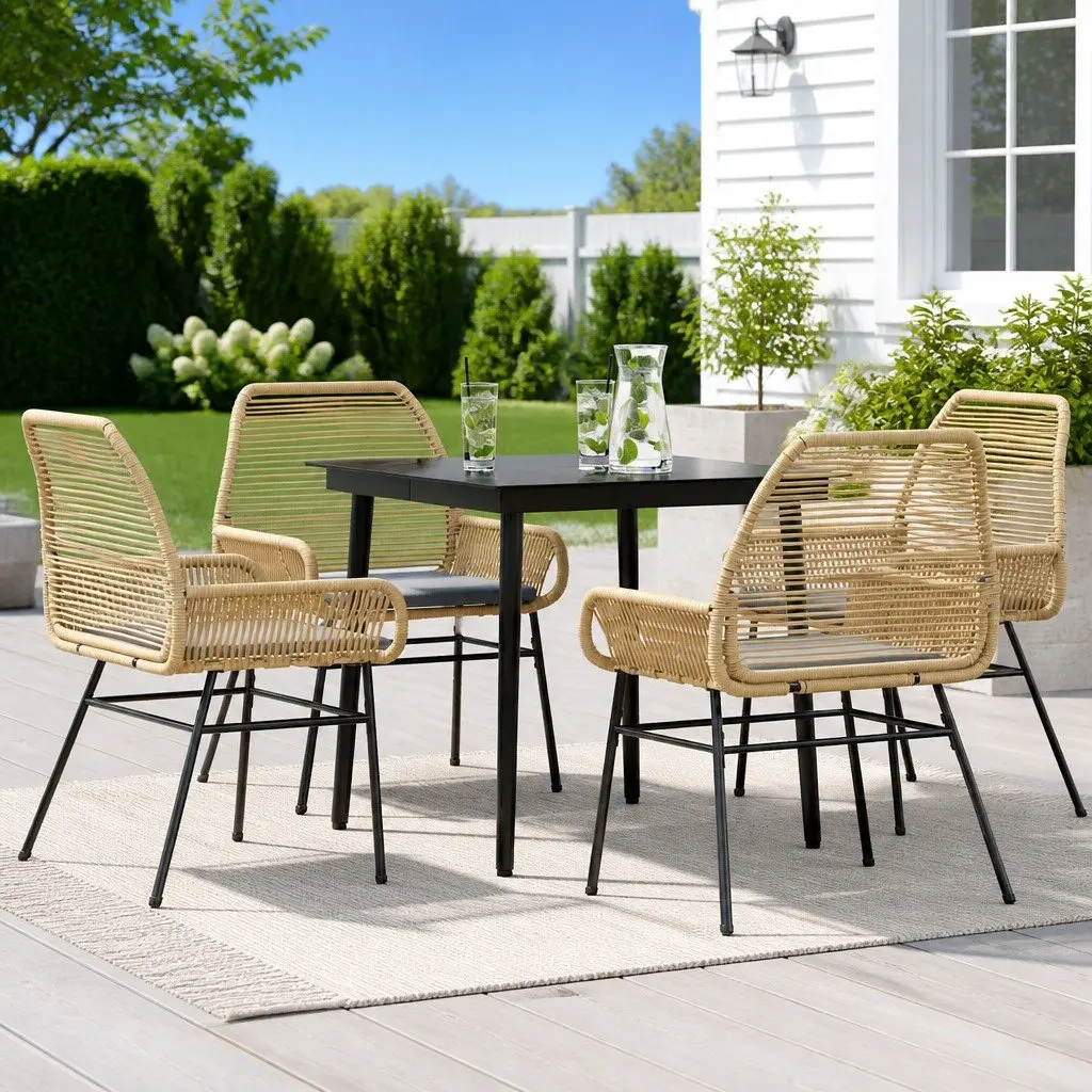 5 Piece Garden Dining Set PE Rattan Powder Coated Steel Brown Outdoor Furniture with Cushions
