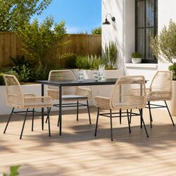 5 Piece Garden Dining Set with Brown Poly Rattan and Glass Table