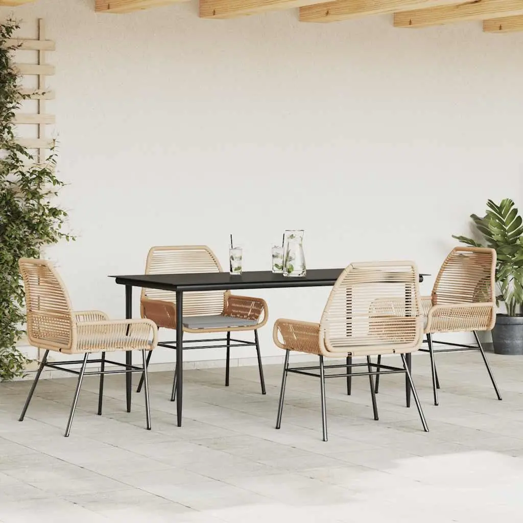 5 Piece Garden Dining Set Poly Rattan Brown Glass Table Chairs