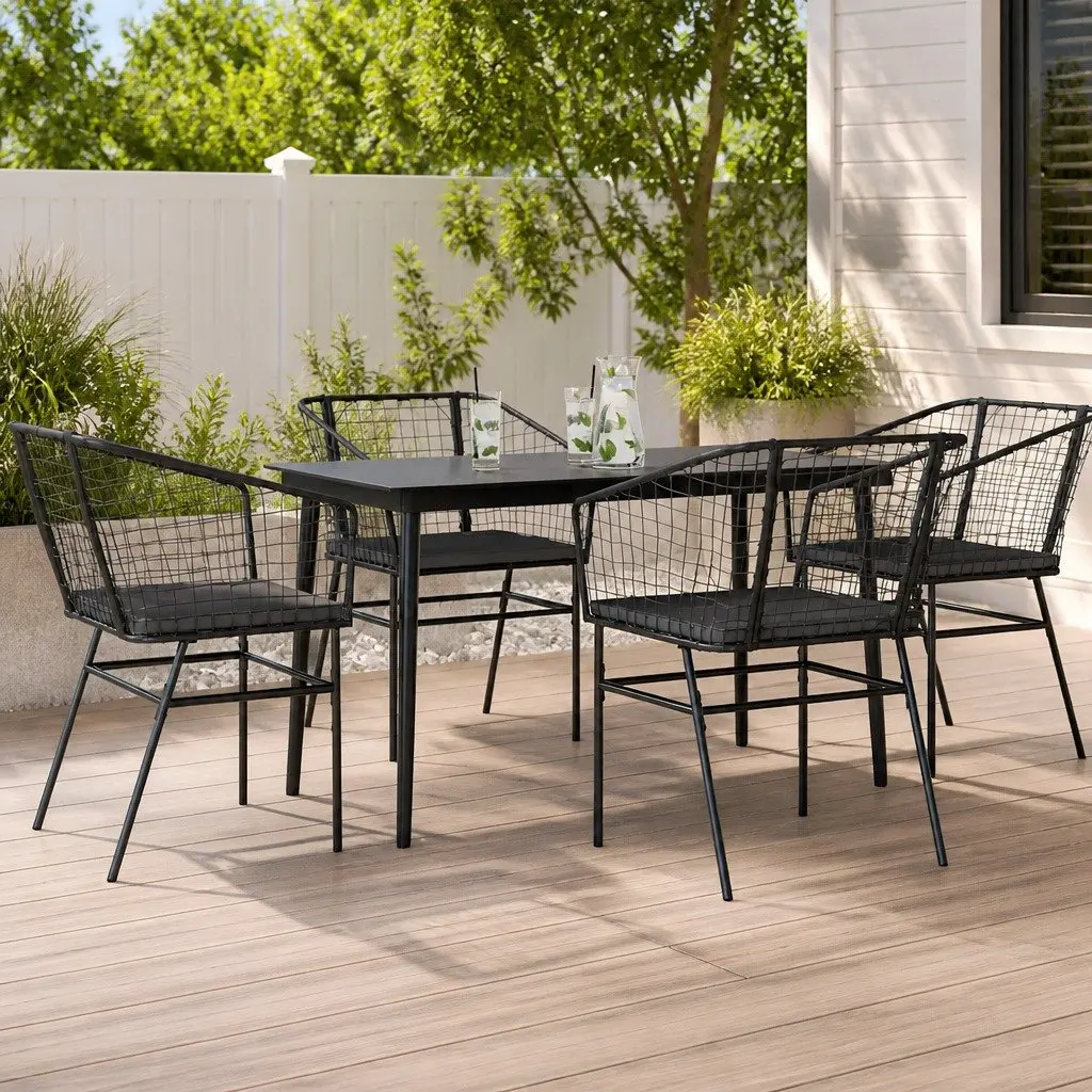 Black 5-Piece Garden Dining Set with Glass Table