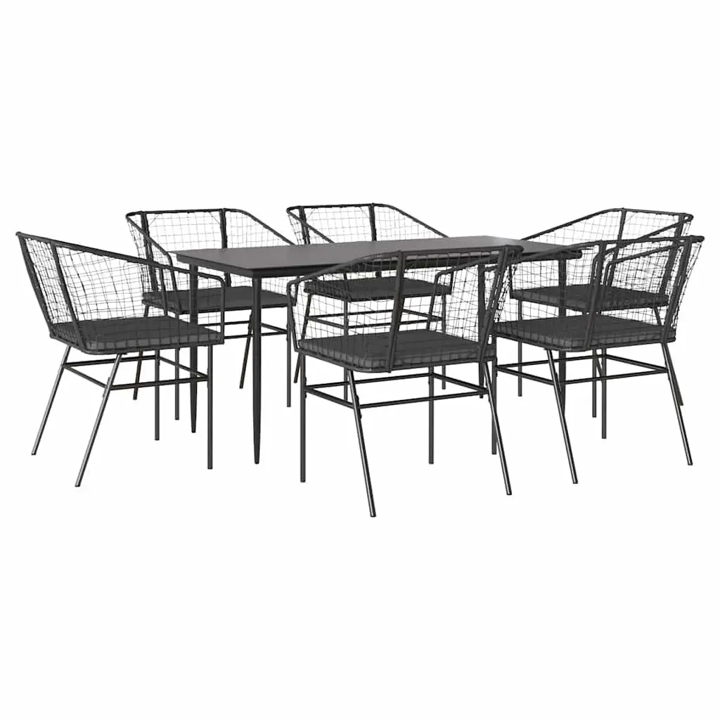 7 Piece Garden Dining Set Poly Rattan Powder Coated Steel Table Chairs Cushions Black