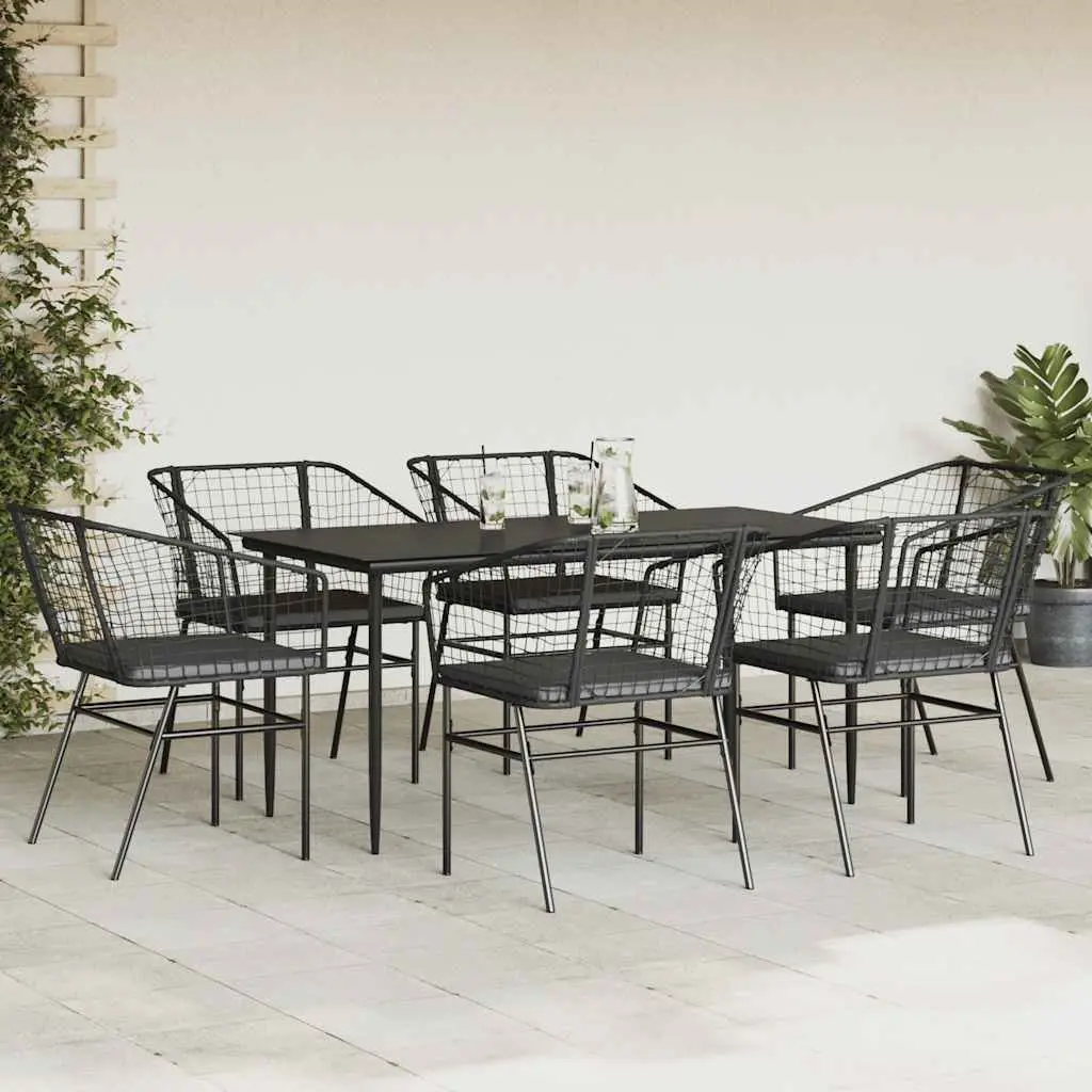 7 Piece Garden Dining Set Poly Rattan Powder Coated Steel Table Chairs Cushions Black