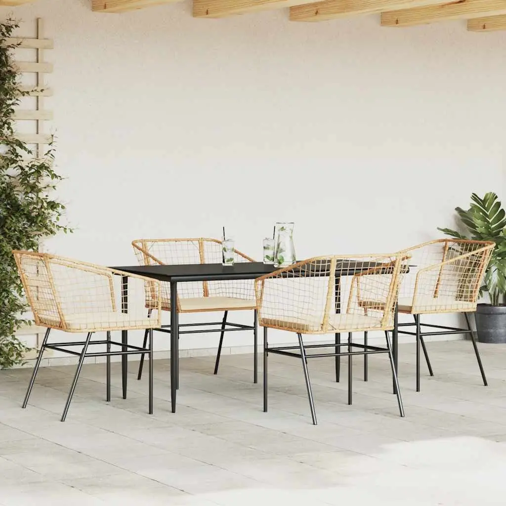 5 Piece Outdoor Dining Set Poly Rattan Steel Frame Tempered Glass Brown