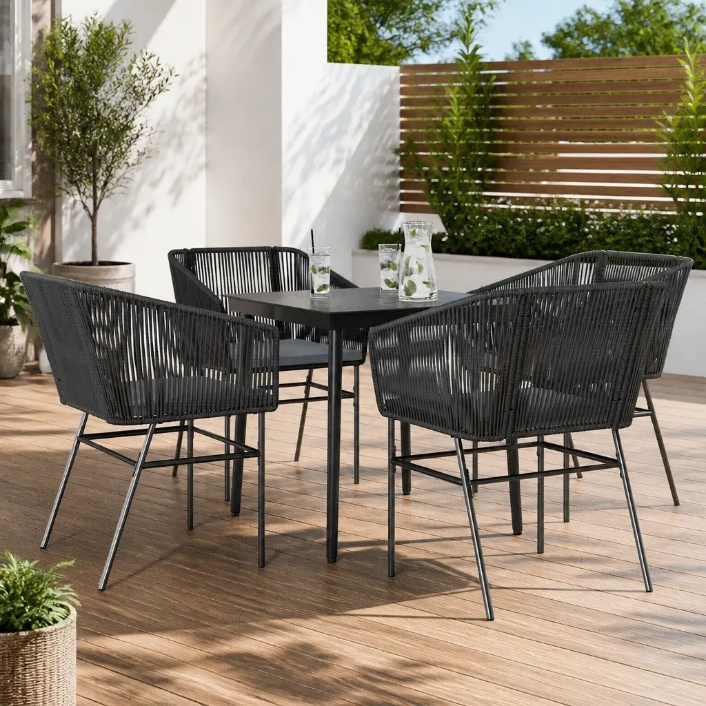 Garden Dining Set 5 Piece Poly Rattan Steel Glass Table Black