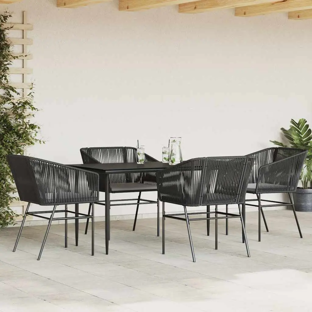 5 Piece Garden Dining Set Poly Rattan Steel Tempered Glass Black