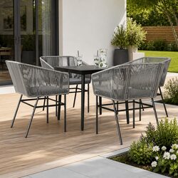5 Piece Garden Dining Set Grey Poly Rattan Tempered Glass Table Outdoor