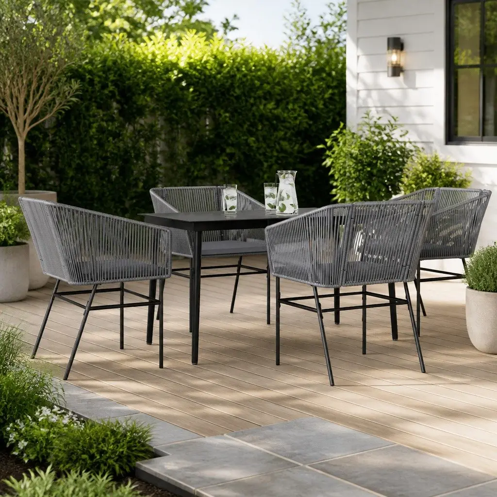 Garden Dining Set PE Rattan Powder-Coated Steel 5 Piece Grey with Cushions