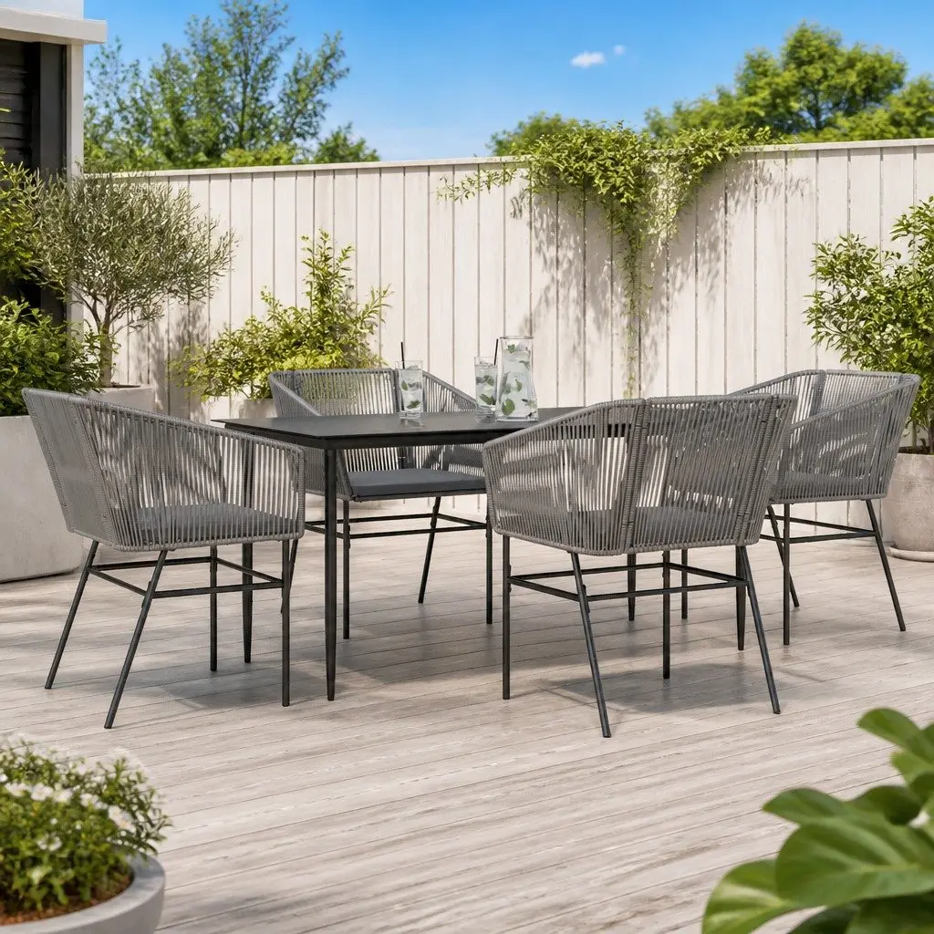 5 Piece Garden Dining Set PE Rattan Powder Coated Steel Grey with Cushions