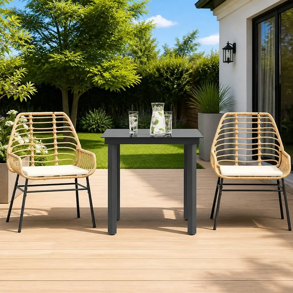 Brown Poly Rattan Garden Dining Set with Glass Top