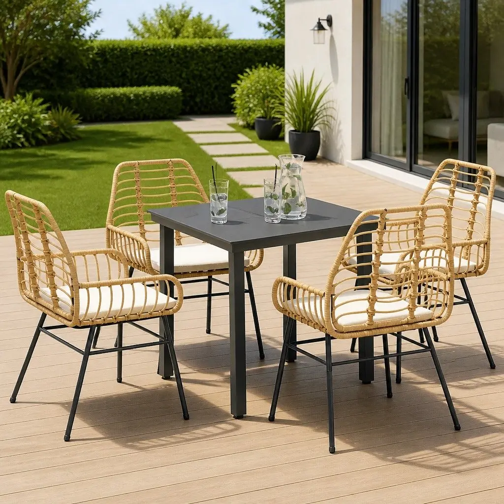 5 Piece Garden Dining Set PE Rattan Steel Frame Tempered Glass Brown