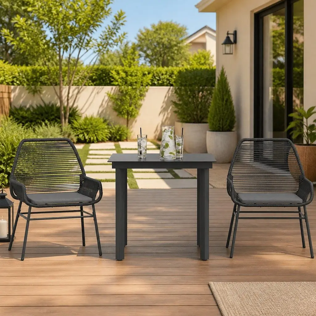 3 Piece Garden Dining Set PE Rattan Powder Coated Steel Tempered Glass Black