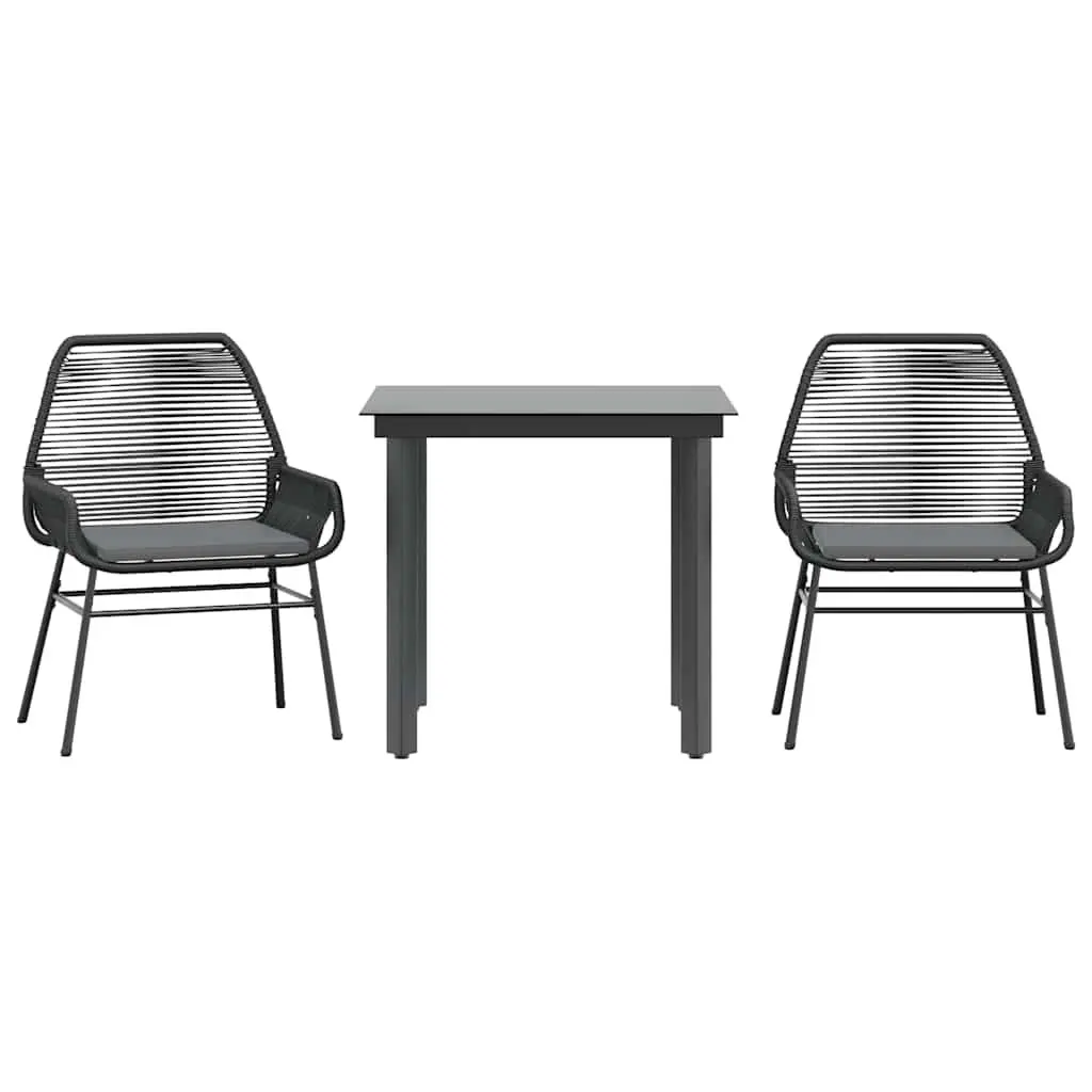 3 Piece Garden Dining Set PE Rattan Powder Coated Steel Tempered Glass Black