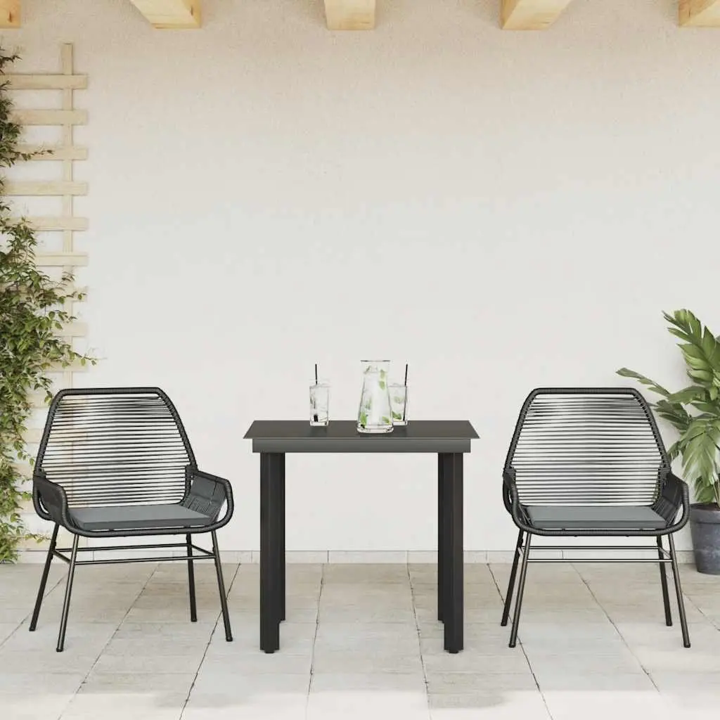 3 Piece Garden Dining Set PE Rattan Powder Coated Steel Tempered Glass Black